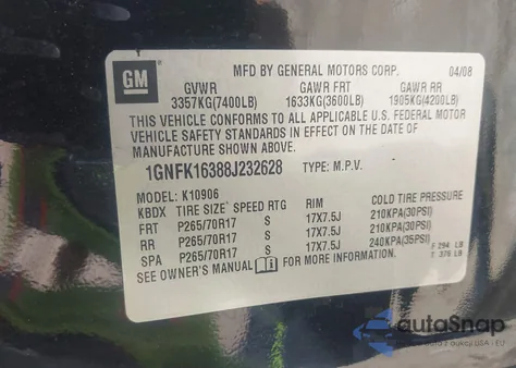 2008 Chevrolet Suburban 1500 Lt from USA, damaged, VIN 1GNFK16388J232628